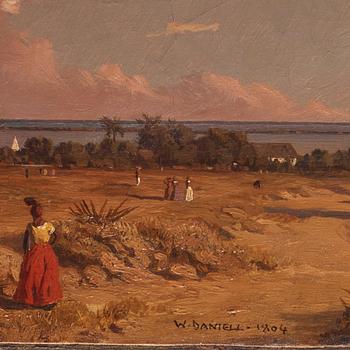 William Daniell, tillskriven, Vy med figurer, troligen mot floden Hooghley och Bengaliska bukten.