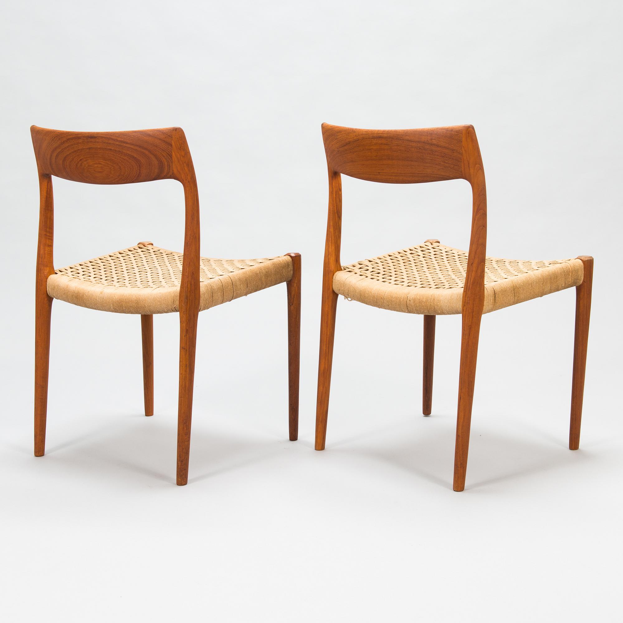 Niels Otto Møller, stolar, 6 st, modell 77, J.L. Møllers Møbelfabrik, Danmark, 1960-tal.