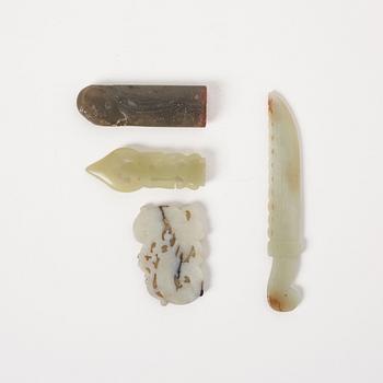 A set of three nephrite sculptures and a soapstone seal, Qing dynasty.