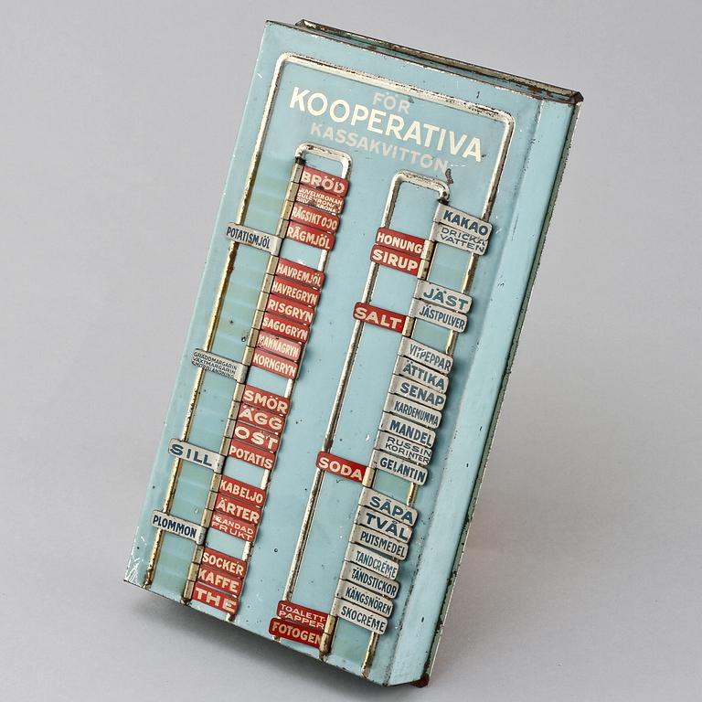 INKÖPSTAVLA TILL HUSHÅLLET, plåt, 1930/40-tal.