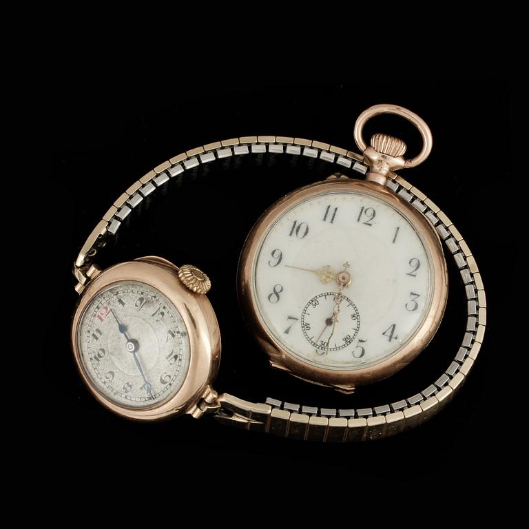 FICKUR, 2 st, 14k guld. Total vikt ca 45 gram (exkl armband).