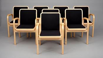 KARMSTOLAR, 8 st, modell E45, Alvar Aalto, Artek. Modellen formgiven 1947.