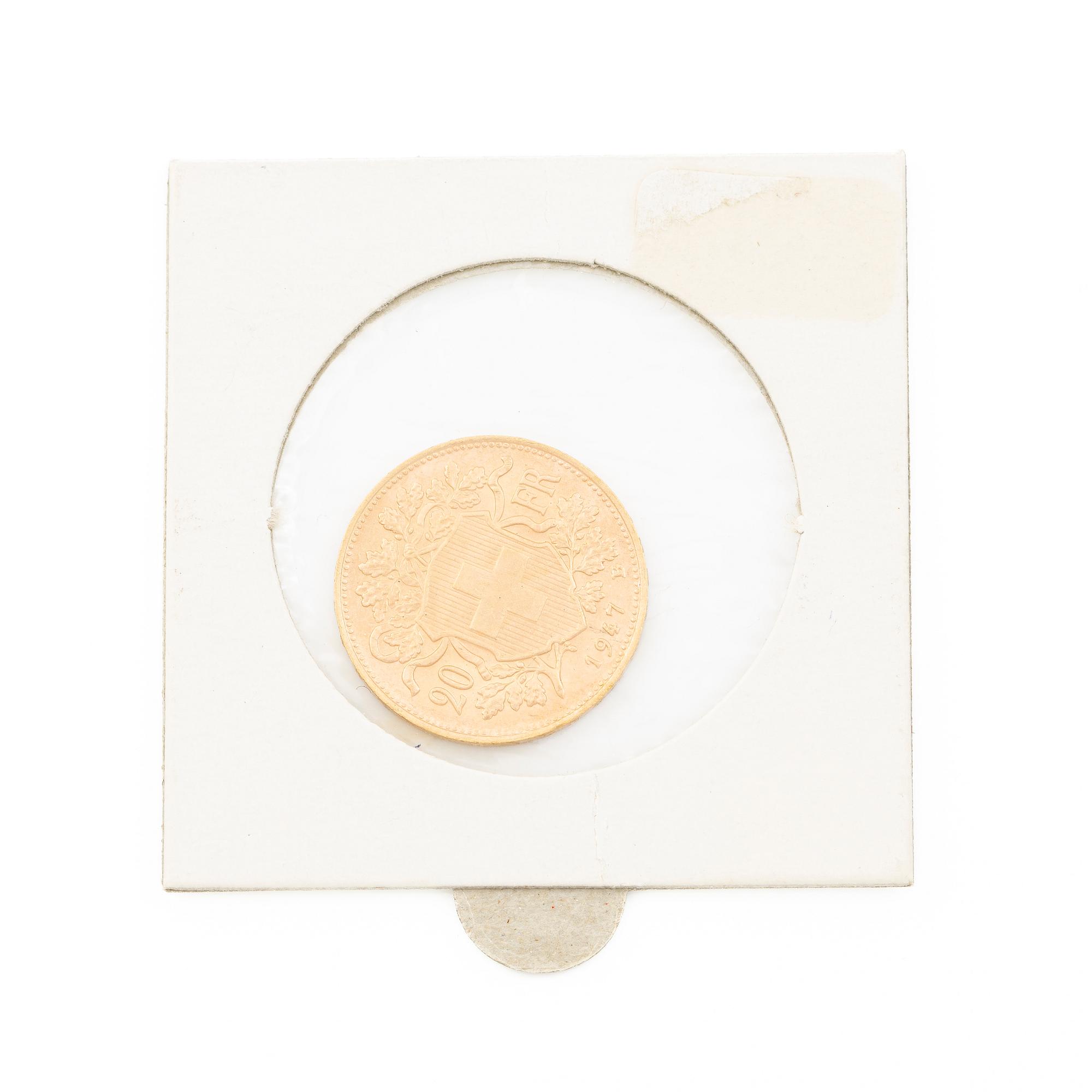 Gold coin, Switzerland, 20 Franc, 1947.