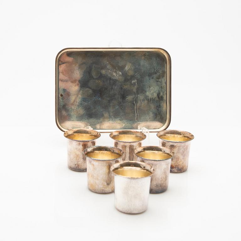 Cup and saucer set, 7 pieces, sterling silver, Einar Telander, Stockholm 1976-79.