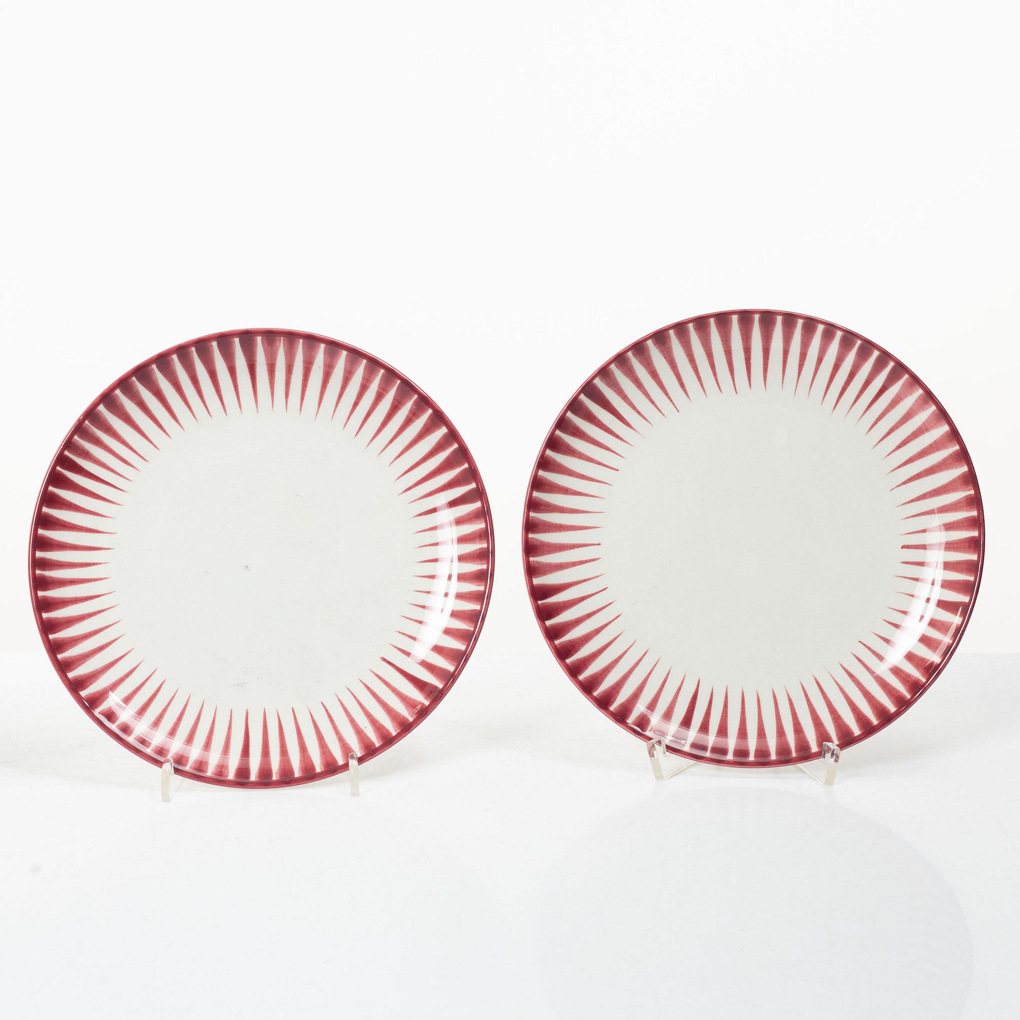 Eugen Trost, Five 'Red Zebra' cream-ware side plates. Uppsala-Ekeby Gefle.