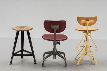 INDUSTRISTOLAR, 3 st, En märkt Lindqvist Kontorsmöbler ,1900-tal.