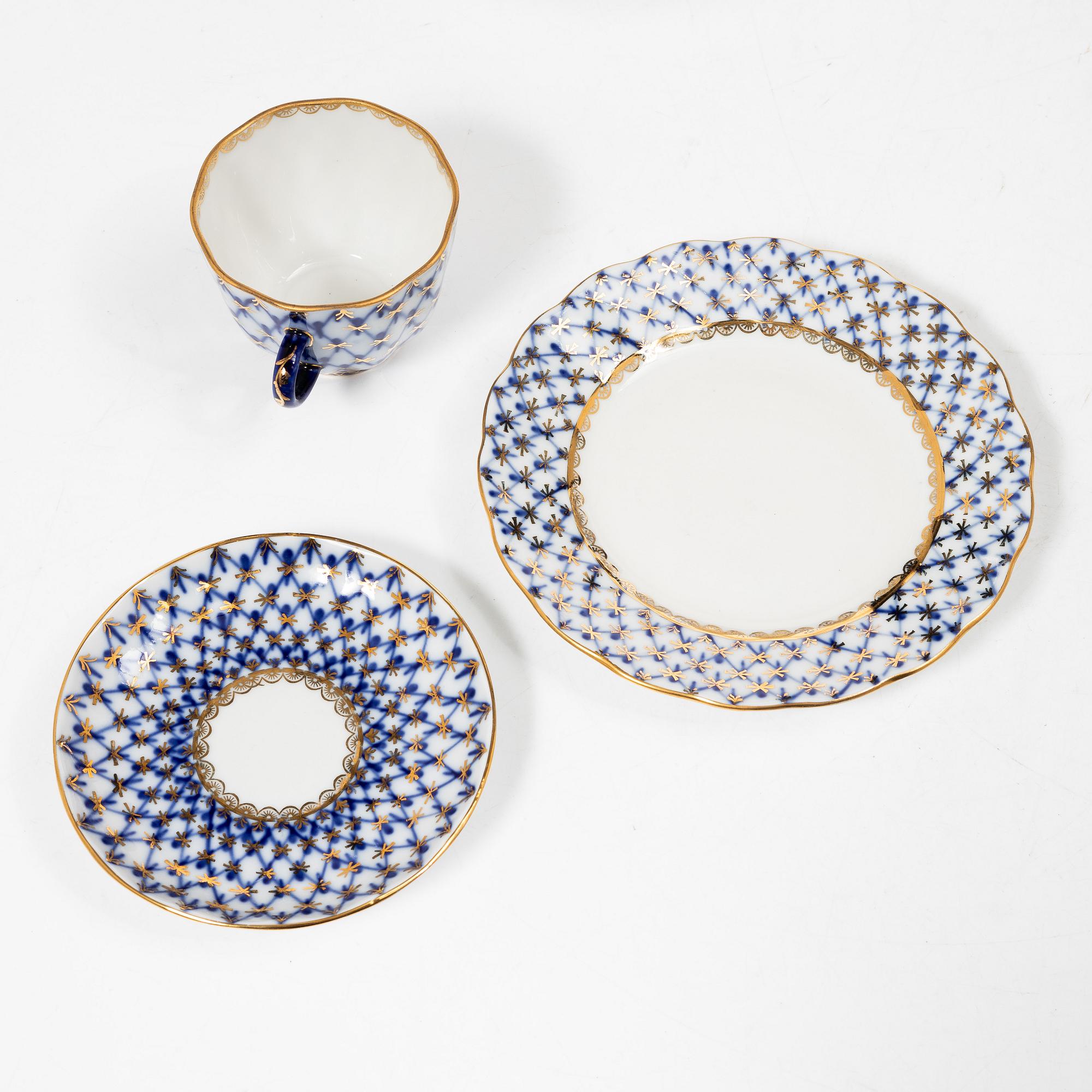 Kaffeservis, 16 delar, porslin, "Cobalt Net", Lomonosov, Sovietunionen.