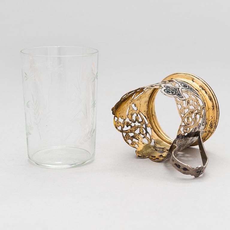 A set of eight Kubachi tea glass holders and five teaspoons, parcel-gilt silver, niello, Russia 1960s.