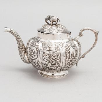 A 3-piece Asian silver tea set, presumably from the mid-20th century.