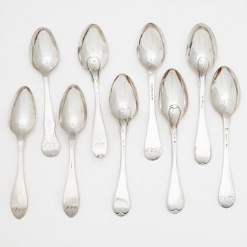Nine Swedish silver spoons, early 19th century.