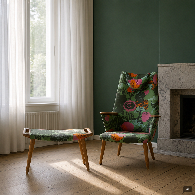 Armchair with footstool, 1950s/60s. Fabric "Tutti Frutti" Sven Fristed, Borås Wäfveri.