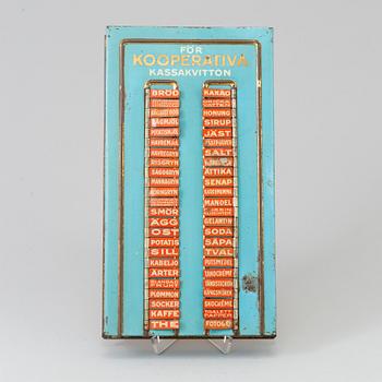 A tin box for purcheses and receipts, 1930's/40's.