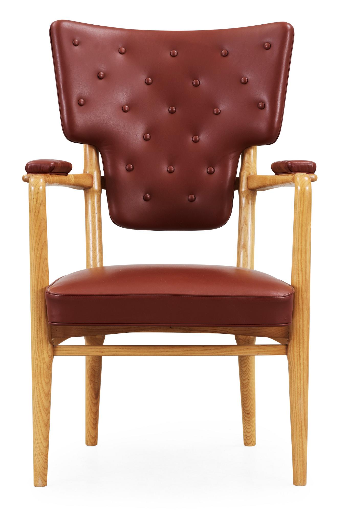 A Gunnar Asplund hickory wood and brown leather armchair, Gothenburg  ca 1935.
