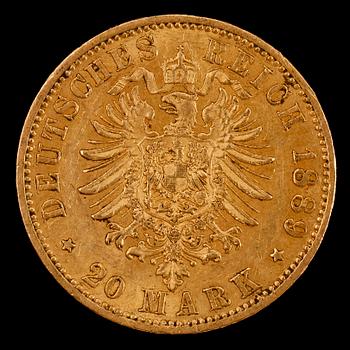 GULDMYNT, 20 mark, Wilhelm II Kaiser von Preussen, 1889. Vikt ca 8 g.
