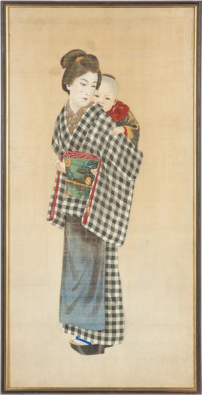 A pair of Japanese silk paintings, unknown artist. Meiji period.