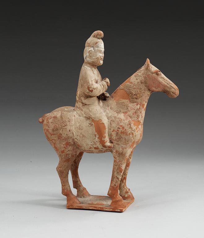 A painted pottery figure of an equestrian  standard-bearer, Tang dynasty (618-907 AD.).