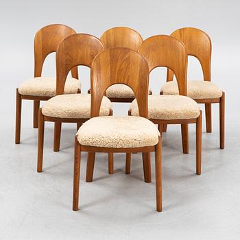 Niels Koefoed, six teak dining chairs upholstered in new sheep skin, Denmark, 1960's.