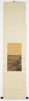 Landskap med lärd man, färg och tusch på siden lagt på papper. Qingdynastin, kopia efter Songmålning.