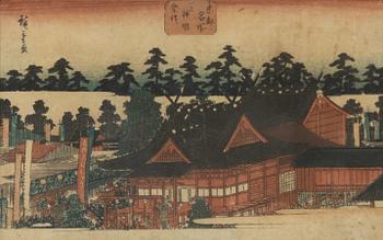 Ando Hiroshige, after, and unidentified artist, two woodblock prints.