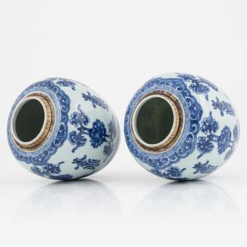 A pair of Chinese blue and white jars, Qing dynasty, 18th Century.