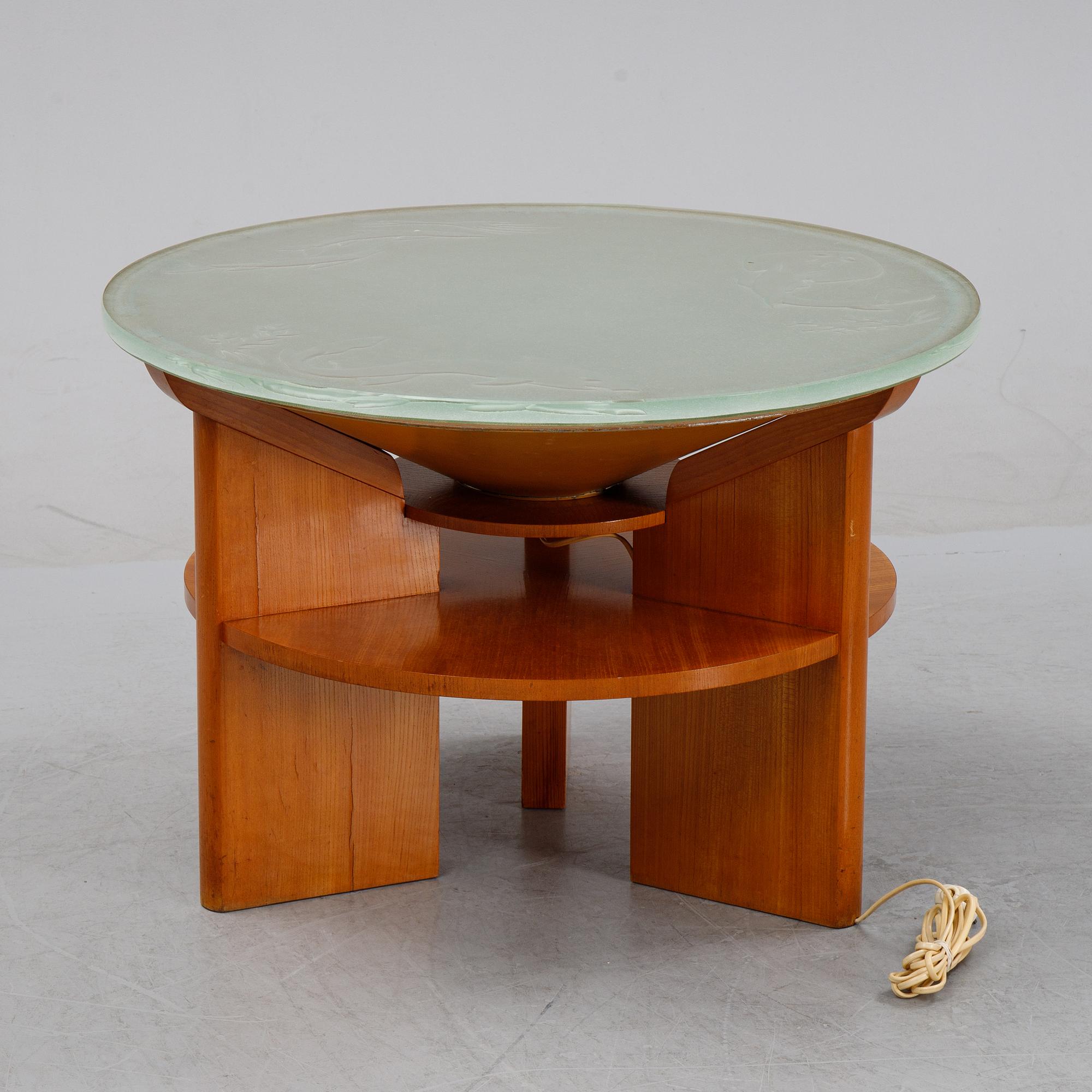 Bo Notini, a Swedish Modern elm veneered and etched glass coffee table from Glössner & Co, 1940's.