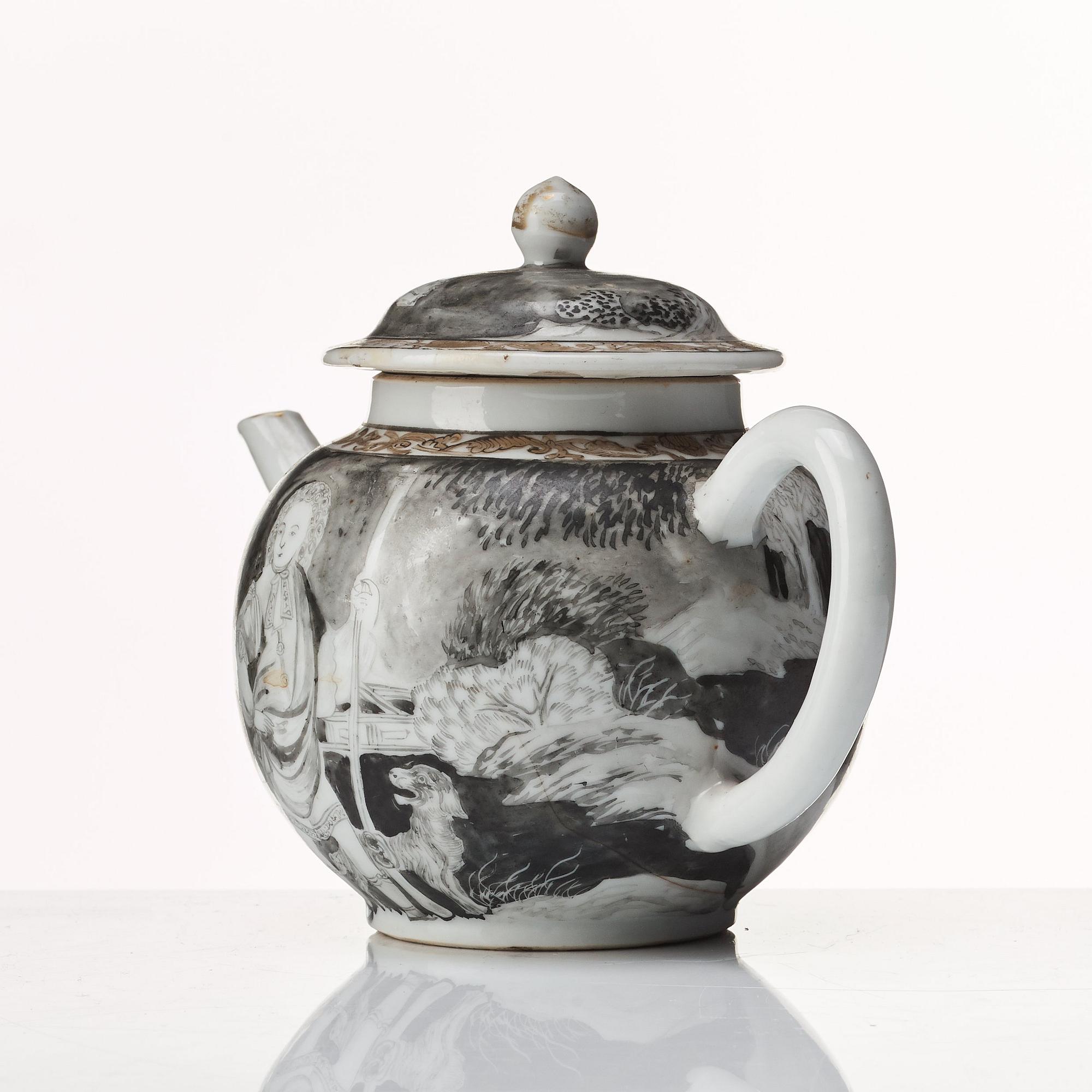 A grisaille and gold tea pot with cover, Qing dynasty, Qianlong (1736-95).