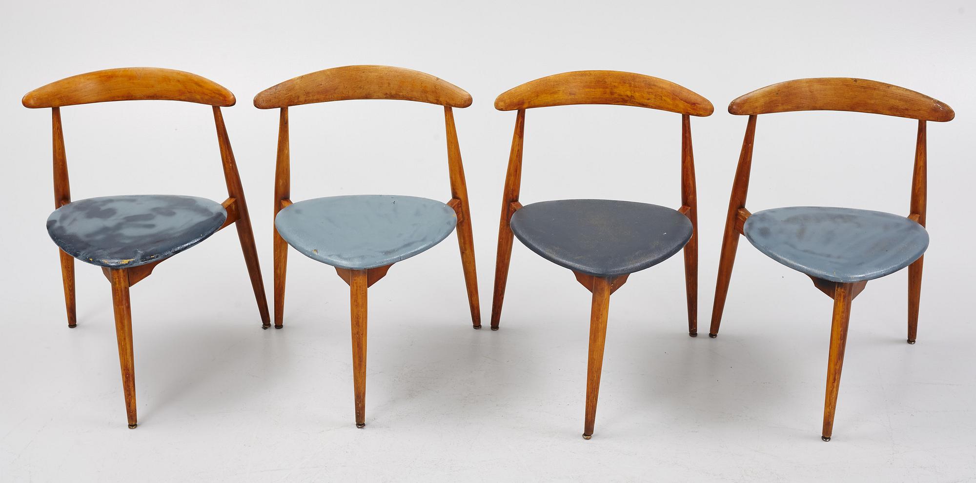 Hans J Wegner, stolar, 4 st, "Hjertestolen". Fritz Hansen, Danmark, 1940/50-tal.
