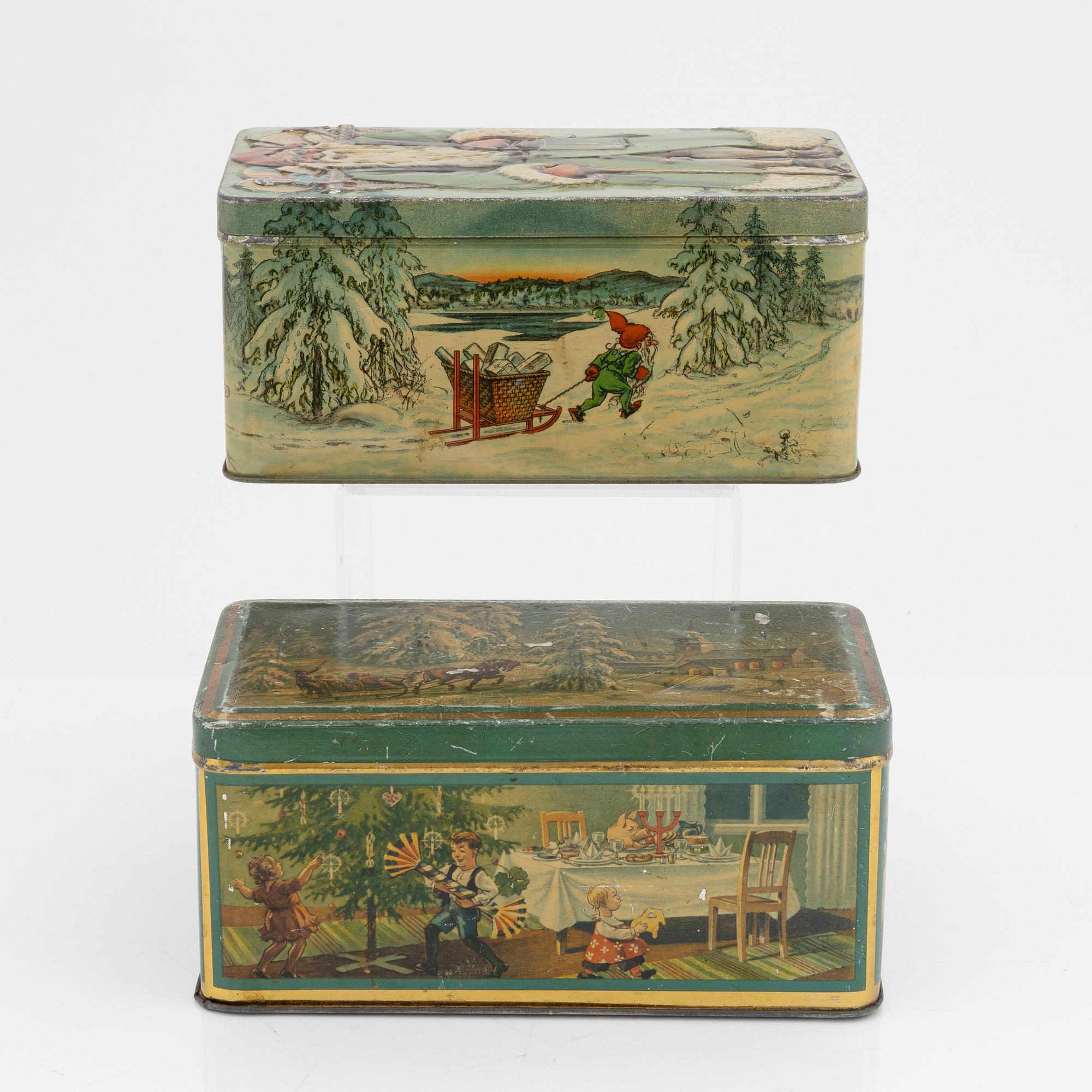 Two christmas tin coffee boxes, Gevalia, Sweden, 1930's.