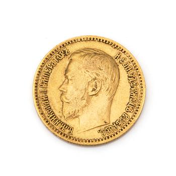 A RUSSIAN 5 RUBEL GOLD COIN, Nikolai II, 1900. Ca 3 grams.