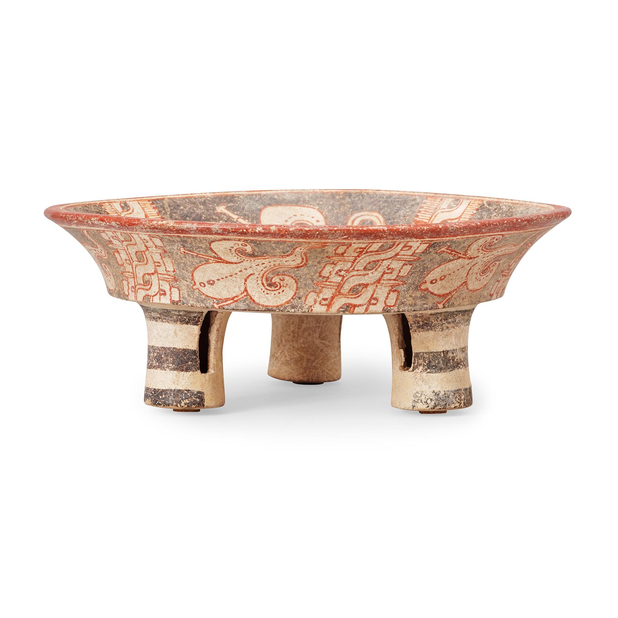 A MAYAN POLYCHROME TRIPOD CEREMONIAL CHOCOLATE BOWL, late Classic, ca 550-950 A.D.