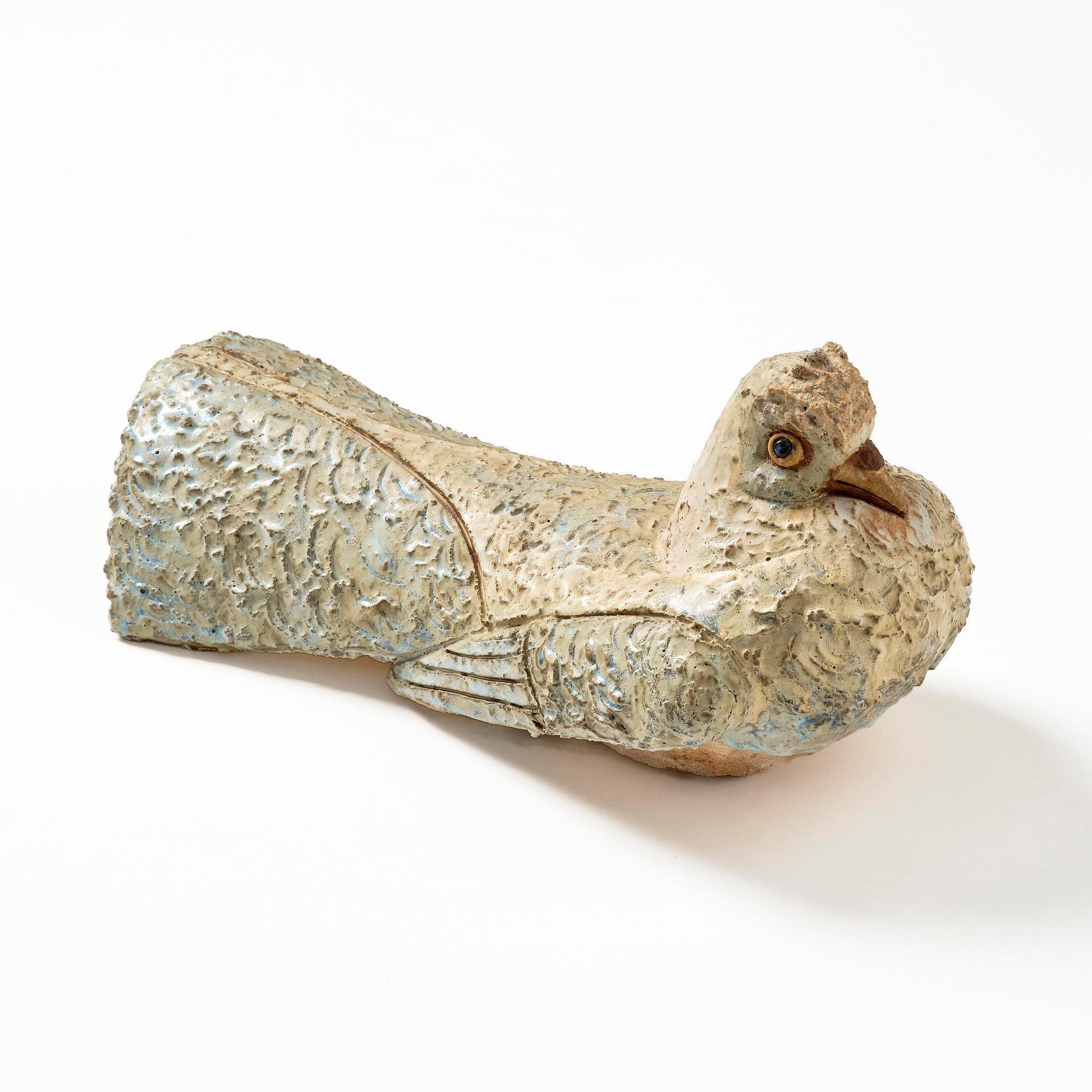 Tyra Lundgren, a chamotte stoneware sculpture of a bird, executed in her studio, Bredkvie, Gotland 1974.