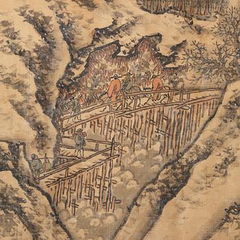 A Chinese hanging scroll, ink and color in silk, signed Shen Zhou (1427-1509), after, 20th century.