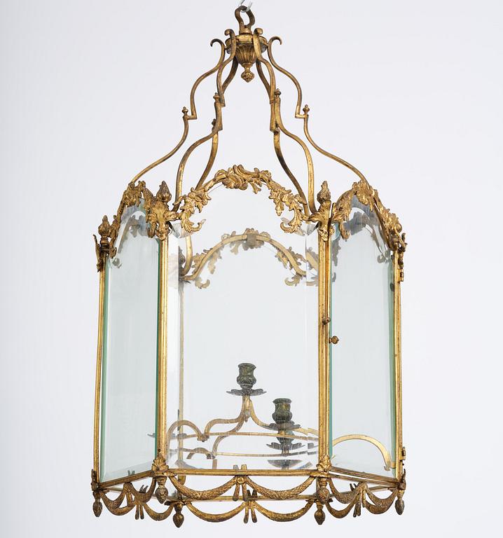 A fine Swedish rococo gilt-brass four-light lantern, Stockholm, later part of the 18th century.