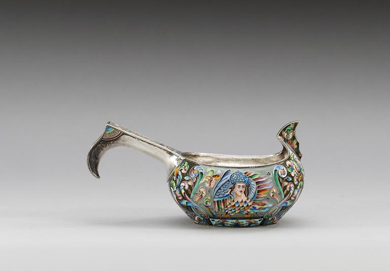 A RUSSIAN SILVER AND ENAMEL KOVSH, makers mark of the 6th Artel, Moscow 1908-1917.