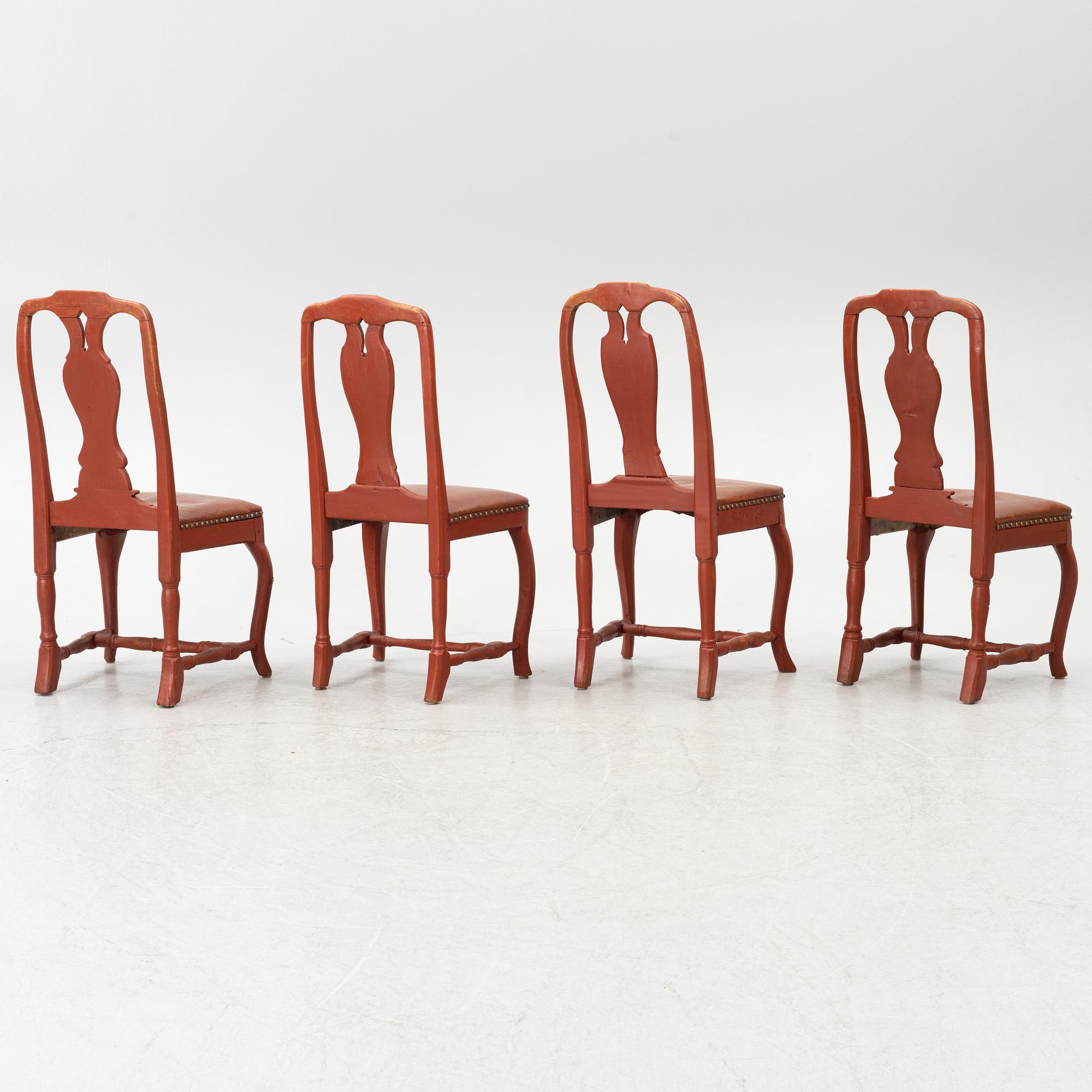 A set of four Swedish rococo chairs, later part 18th century.