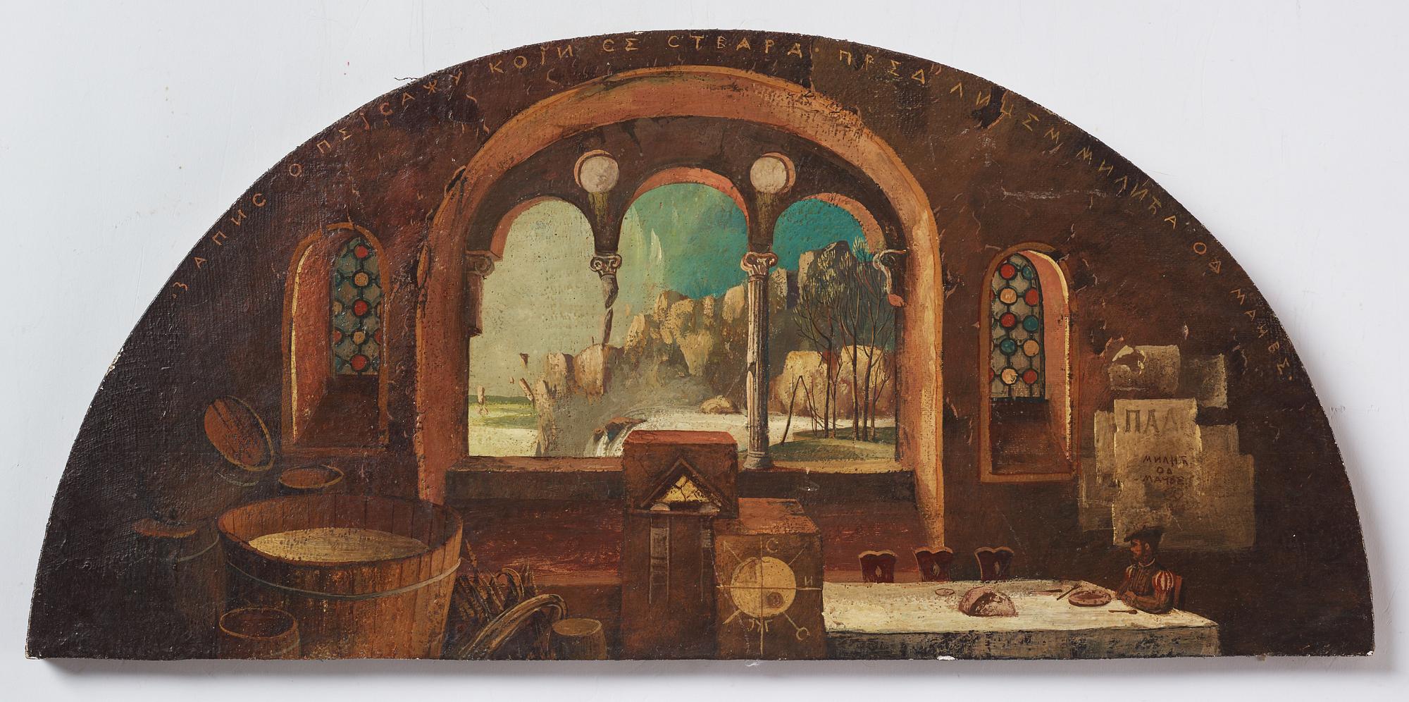 Milić od Mačve, olja på duk lagd på pannå, signerad och daterad 1969, även signerad och daterad 1969 a tergo.