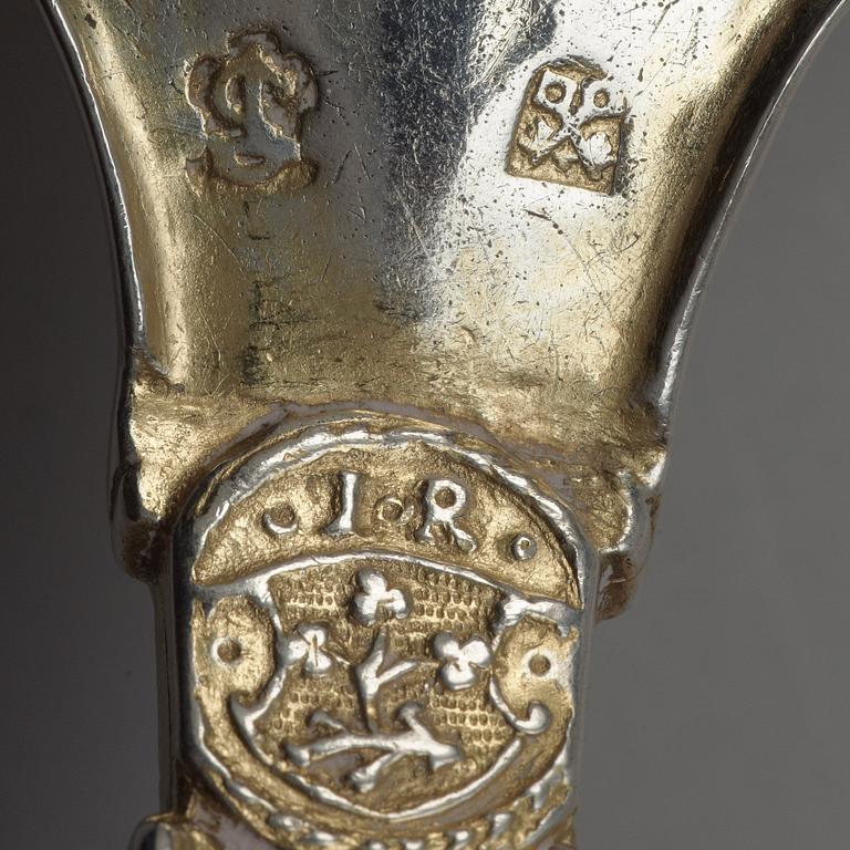 A Baltic late 16th century parcel-gilt spoon, marks of Thomas Smolde, Riga (1580-1602).