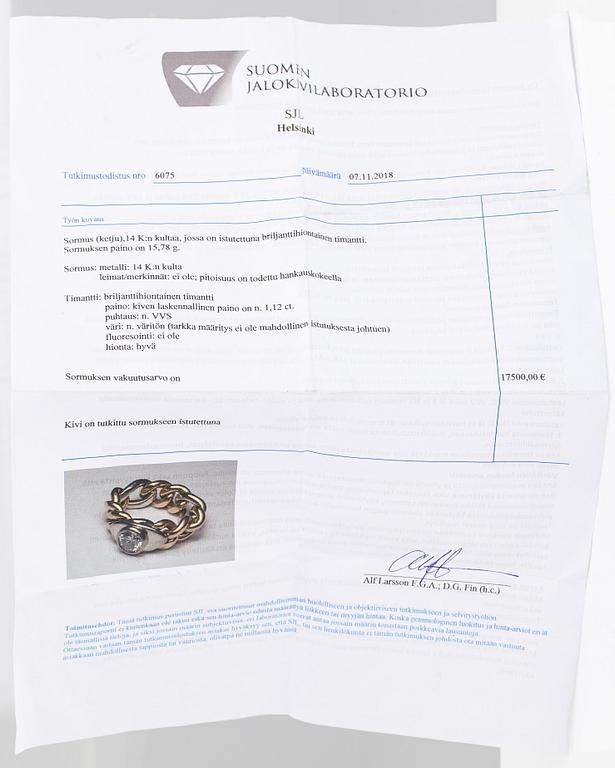 A 14K gold ring with a ca. 1.12 ct diamond. With certificate.