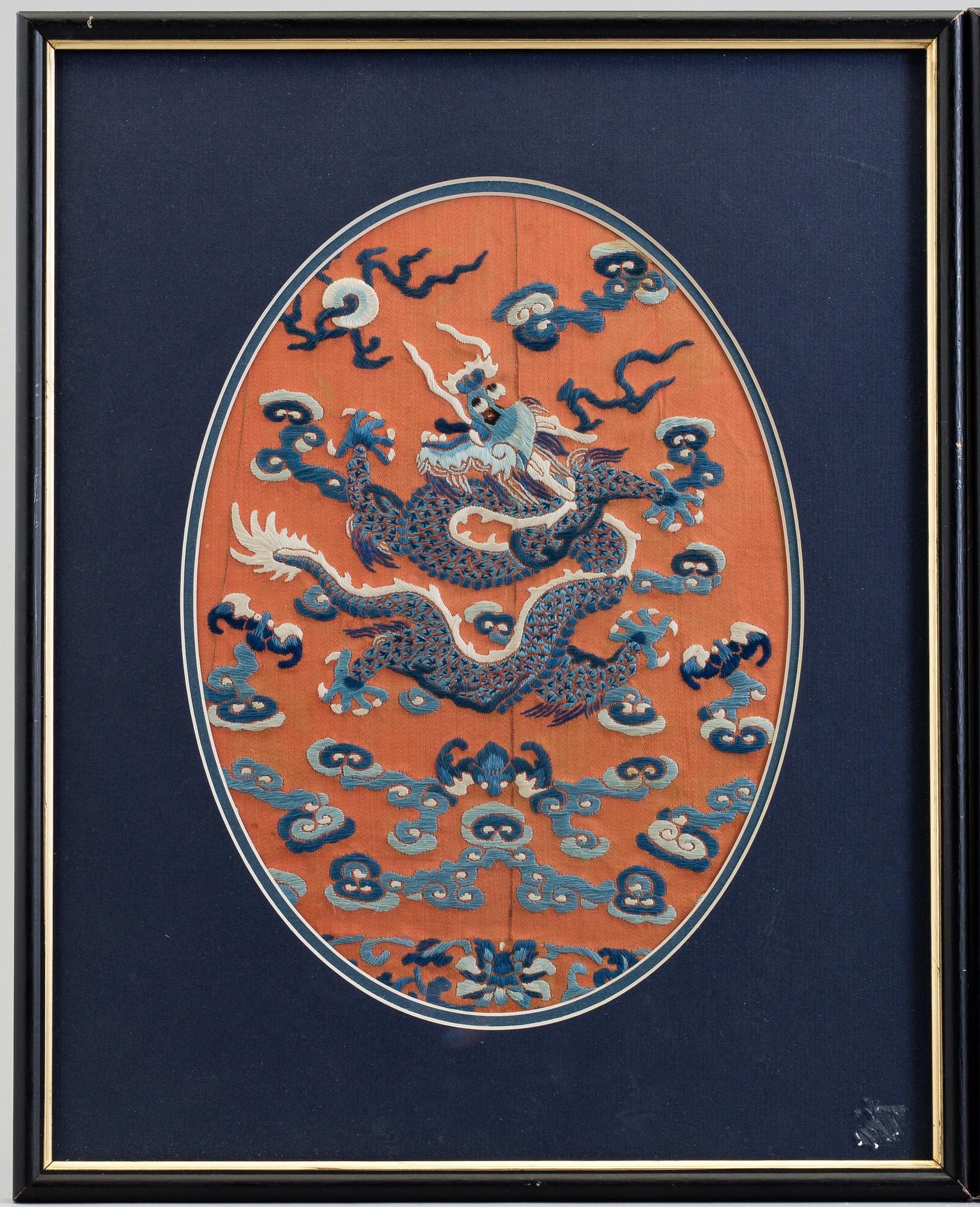Two silk embroidered pieces, framed, late Qing dynasty.