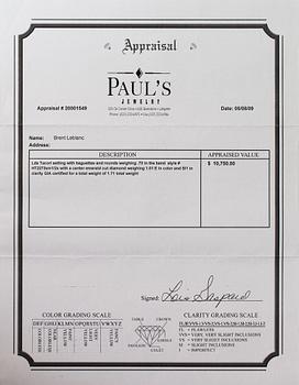 Sormus, 18K valkokultaa, timantteja n. 1.71 ct yht. Tacori. GIA -todistuksella.