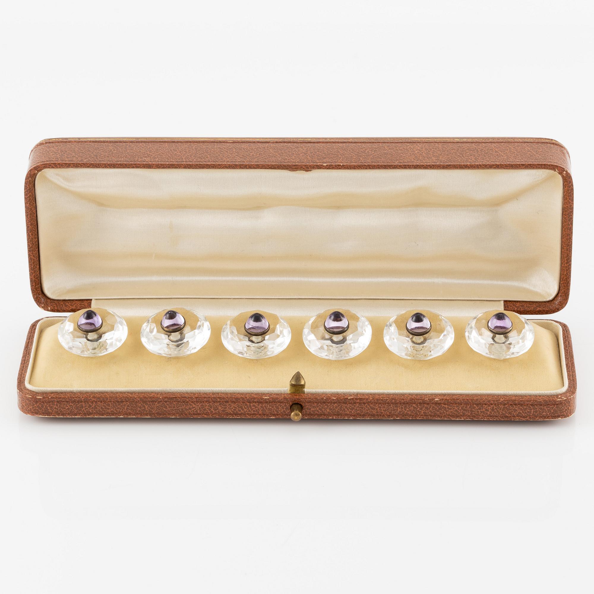 Buttons, 6 pcs, silver with faceted rock crystal and cabochon-cut amethysts.