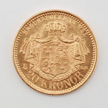 GULDMYNT, 20 kronor, Oscar II, 1895. Vikt ca 9 gram.