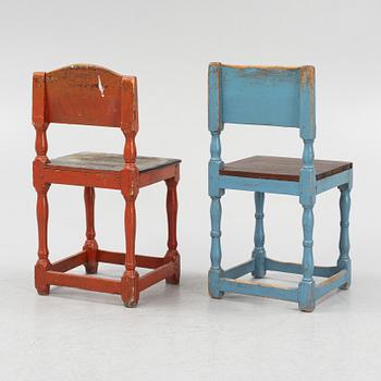Chairs, five pieces, similar, folk art, late 19th century.