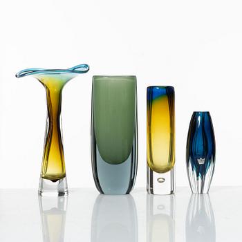 Vicke Lindstrand, four vases, Kosta, mid-20th century.