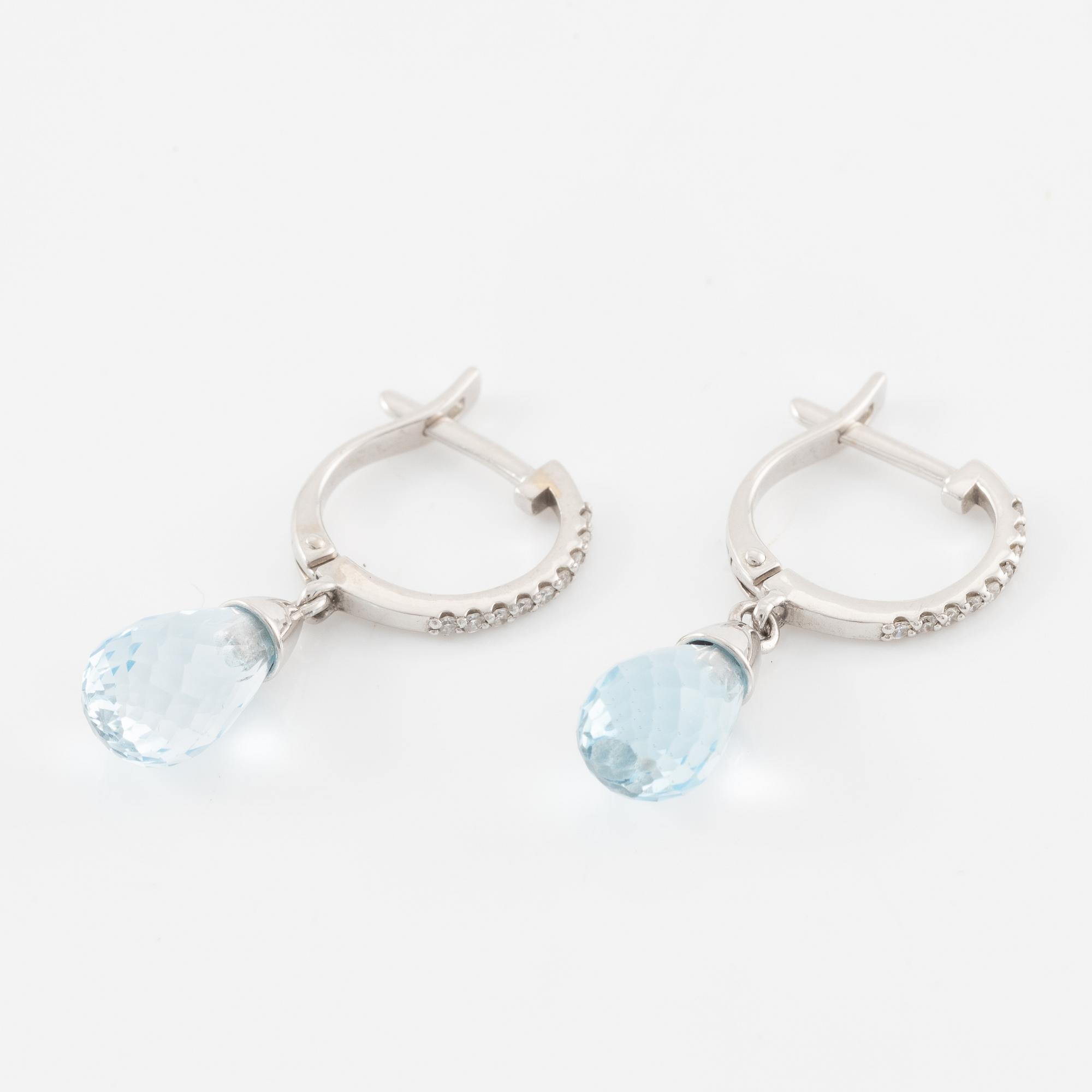 Earrings, a pair, 14K white gold with briolette-cut topaz and octagon-cut diamonds.