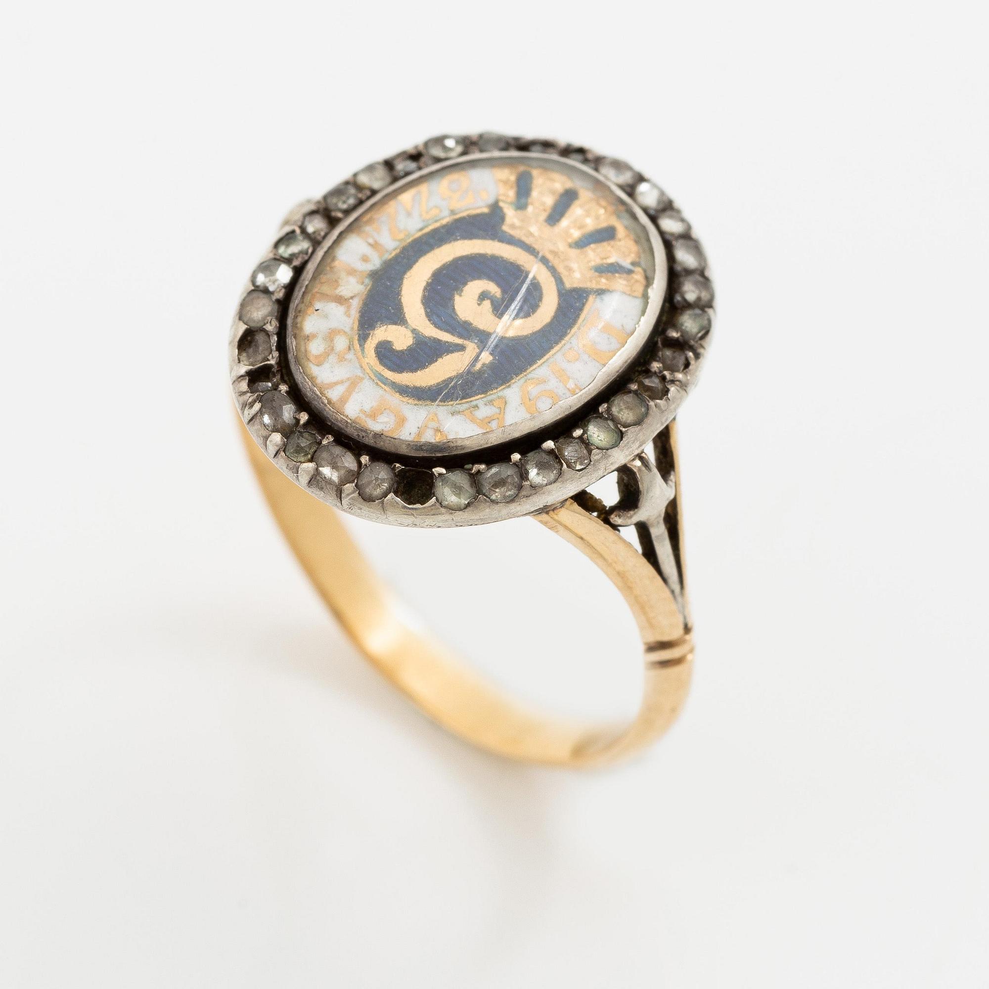 Revolutionsring, Gustav III, guld, silver, emalj och diamanter.