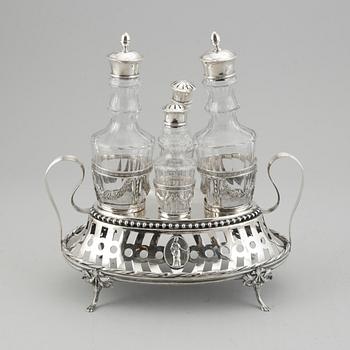 A swedish late gustavian silver cruet stand, mark of Mikael Nyberg, Sweden 1796.