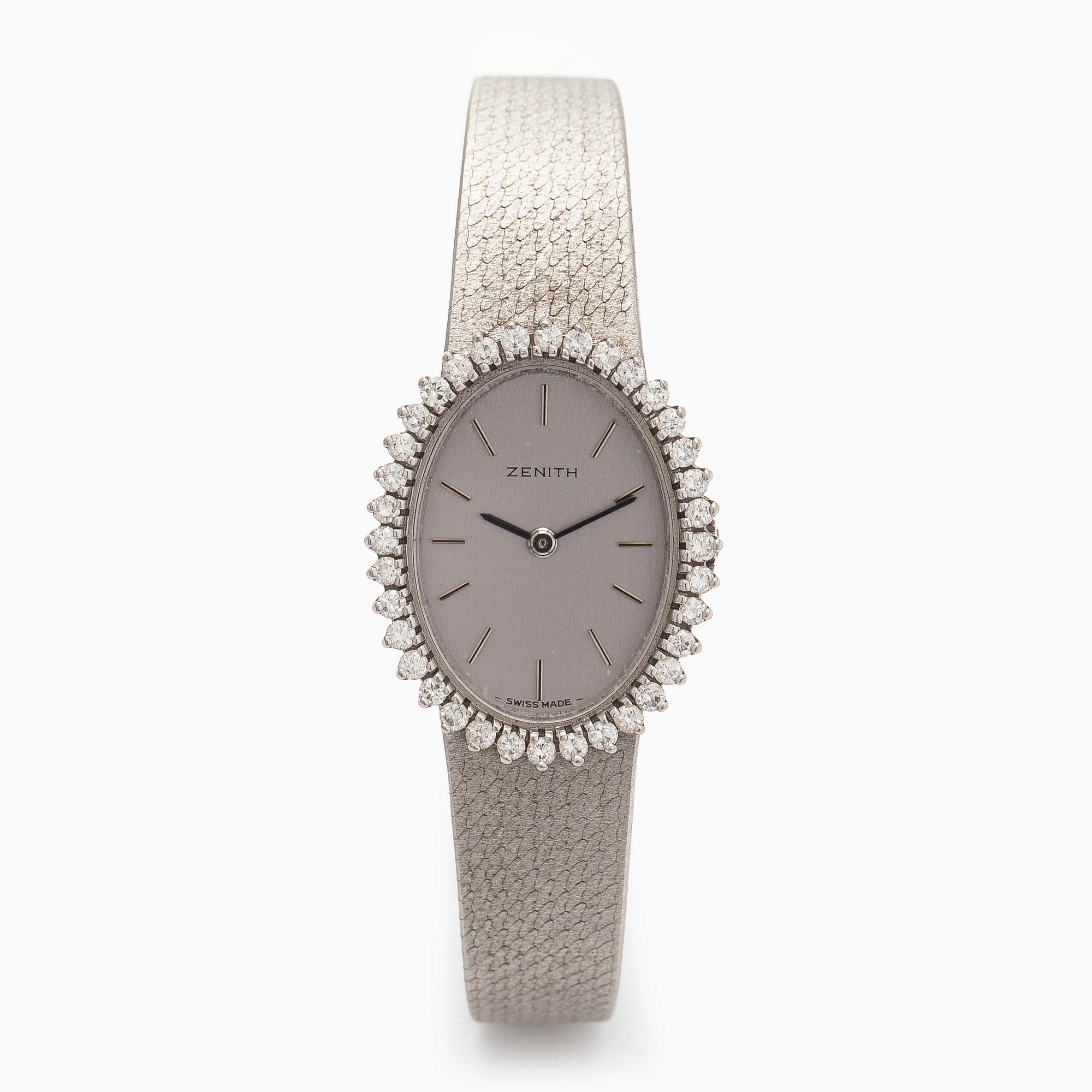 Zenith, armbandsur, 28 x 12 mm, briljantslipade diamanter, 18K vitguld, manuell, ca 1979.