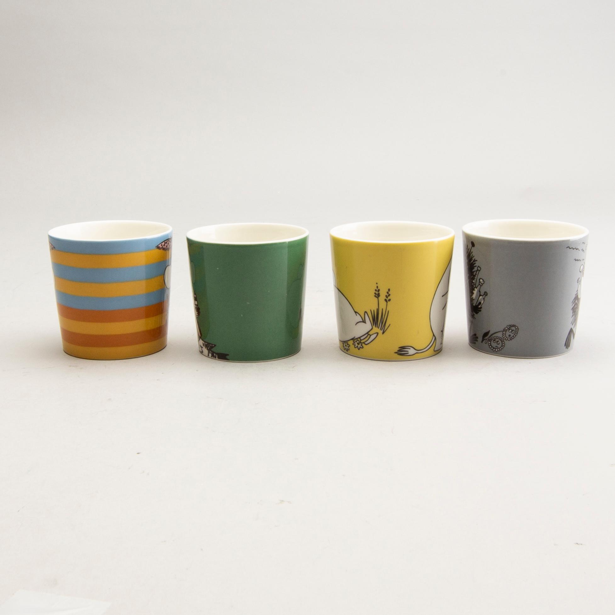 Moomin mugs, four pcs, porcelain, Arabia, Finland, 1990-2001.