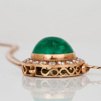 A circa 30.00 ct, probably Colombian, cabochon-cut emerald and circa 3.00 ct brilliant-cut diamond necklace.